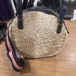 Talbots Backpack Bag Womens Medium Beige Straw Navy Faux Leather Beach Purse